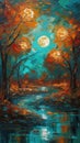 Whimsical Fairy Tale Autumn Scene in Dark Turquoise Oil Painting .