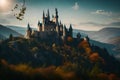 A whimsical, fairy-tale castle on a hill with turrets and spires