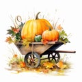 Whimsical Fall Harvest: Pumpkin in Wheelbarrow Watercolor Isolated on White Background - Generative AI