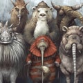 Whimsical fantasy animals monsters clones portrait watercolor illustration