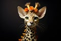 Whimsical Fantasy Creature with Giraffe-Like Patterns Large Ears, and Flower Crown Black Background Royalty Free Stock Photo