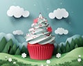 Whimsical Fantasy Cupcake in a Dreamy Landscape Featuring Red Velvet Cupcake with Sky Blue Frosting and Delicate Flower Accents in