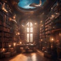 Whimsical fantasy library with floating books and magical creatures Enchanting and dreamy scene for book lovers2