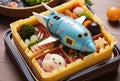 whimsical fantasy spaceship in a form of Bento Japan Food, flying through the space