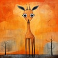 Whimsical Orange Giraffe Painting In The Style Of Goro Fujita