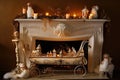 a whimsical fireplace with elaborate ornaments, candles, and a miniature sleigh