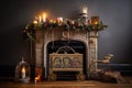 a whimsical fireplace with elaborate ornaments, candles, and a miniature sleigh