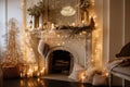 a whimsical fireplace with fairy lights, ornaments, and tinsel for a magical touch