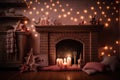 a whimsical fireplace with fairy lights, twinkling stars, and miniature gifts