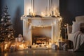 a whimsical fireplace with holiday lights, ornaments, and miniature gifts