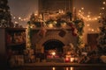 a whimsical fireplace with holiday lights, ornaments, and miniature gifts
