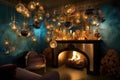 a whimsical fireplace, with oversized ornamenrts and lights, and an unexpected twist of humour