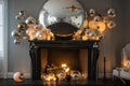 a whimsical fireplace, with oversized ornamenrts and lights, and an unexpected twist of humour