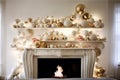 a whimsical fireplace, with oversized ornamenrts and lights, and an unexpected twist of humour