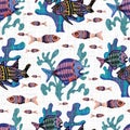 Whimsical fish riso print seamless pattern. Colorful cute under the sea swimming tropical fishes. Childish riso screen