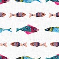 Whimsical fish riso print seamless pattern. Colorful cute under the sea swimming tropical fishes. Childish riso screen