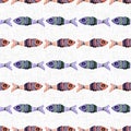 Whimsical fish riso print seamless pattern. Colorful cute under the sea swimming tropical fishes. Childish riso screen