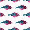 Whimsical fish riso print seamless pattern. Colorful cute under the sea swimming tropical fishes. Childish riso screen