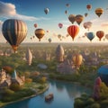 A whimsical, floating city of hot air balloons with gardens in the sky1