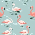 A whimsical floating flamingo pattern with pink birds gliding on a calm, crystal-clear lake