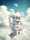 Whimsical floating house on clouds with ladders. Generative AI