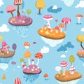 A whimsical floating island pattern where every island is a different world