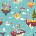 A whimsical floating island pattern where every island is a different world