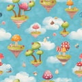A whimsical floating island pattern where every island is a different world