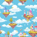 A whimsical floating island pattern where every island is a different world