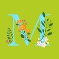 Whimsical floral botanical monogram alphabet - capital M
