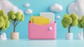 whimsical folder icon with colorful business files in pink holder, surrounded by trees and clouds