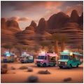 A whimsical food truck convoy traveling through a fantastical desert, serving enchanted dishes2