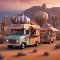 A whimsical food truck convoy traveling through a fantastical desert, serving enchanted dishes1