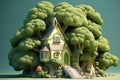 Whimsical forest dwelling, broccoli house, cartoon illustration in natural setting