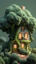 Whimsical forest dwelling, broccoli house, cartoon illustration in natural setting