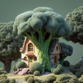 Whimsical forest dwelling, broccoli house, cartoon illustration in natural setting