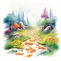 Whimsical Forest Landscape with Colorful Footprints