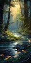 Whimsical Forest River Painting With Luminescent Fantasy Creatures