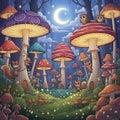 Whimsical forest scene featuring oversized mushrooms with glowing windows, functioning as fairy-styl Royalty Free Stock Photo