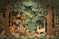 whimsical forest scene made entirely of intricately cut paper in shades of green and brown