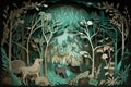 whimsical forest scene made entirely of intricately cut paper in shades of green and brown