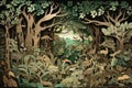 whimsical forest scene made entirely of intricately cut paper in shades of green and brown