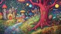 Whimsical forest scene with trees and hidden creatures