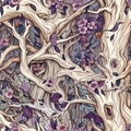 Whimsical forest seamless pattern with tree branches and flowers. Intricate background for textile fabric. Generative AI