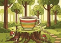 In a whimsical forest setting, a large striped coffee cup sits atop a moss-covered tree stump. Royalty Free Stock Photo