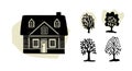 Whimsical forest tree with building design collection vector organic style with colored blob. Woodland cottage for