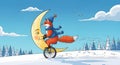 Whimsical Fox Rides a Moon Unicycle Through Snowy Winter Landscape Royalty Free Stock Photo