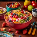 whimsical fruit salad in a brightly colored melamine bowl