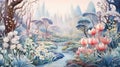 Whimsical Garden with Majestic Blooms and Trees. Fantasy illustration of a vibrant garden with oversized flowers and Royalty Free Stock Photo