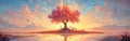 Whimsical Garden: Majestic Tree, Colorful Flora & Fauna, Pond, and Mountain Range in Misty Horizon - Tranquil Background